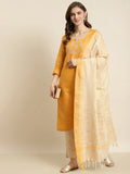 Jompers Women's Yoke Design Cotton Silk Kurta with Trousers & Dupatta - Yellow