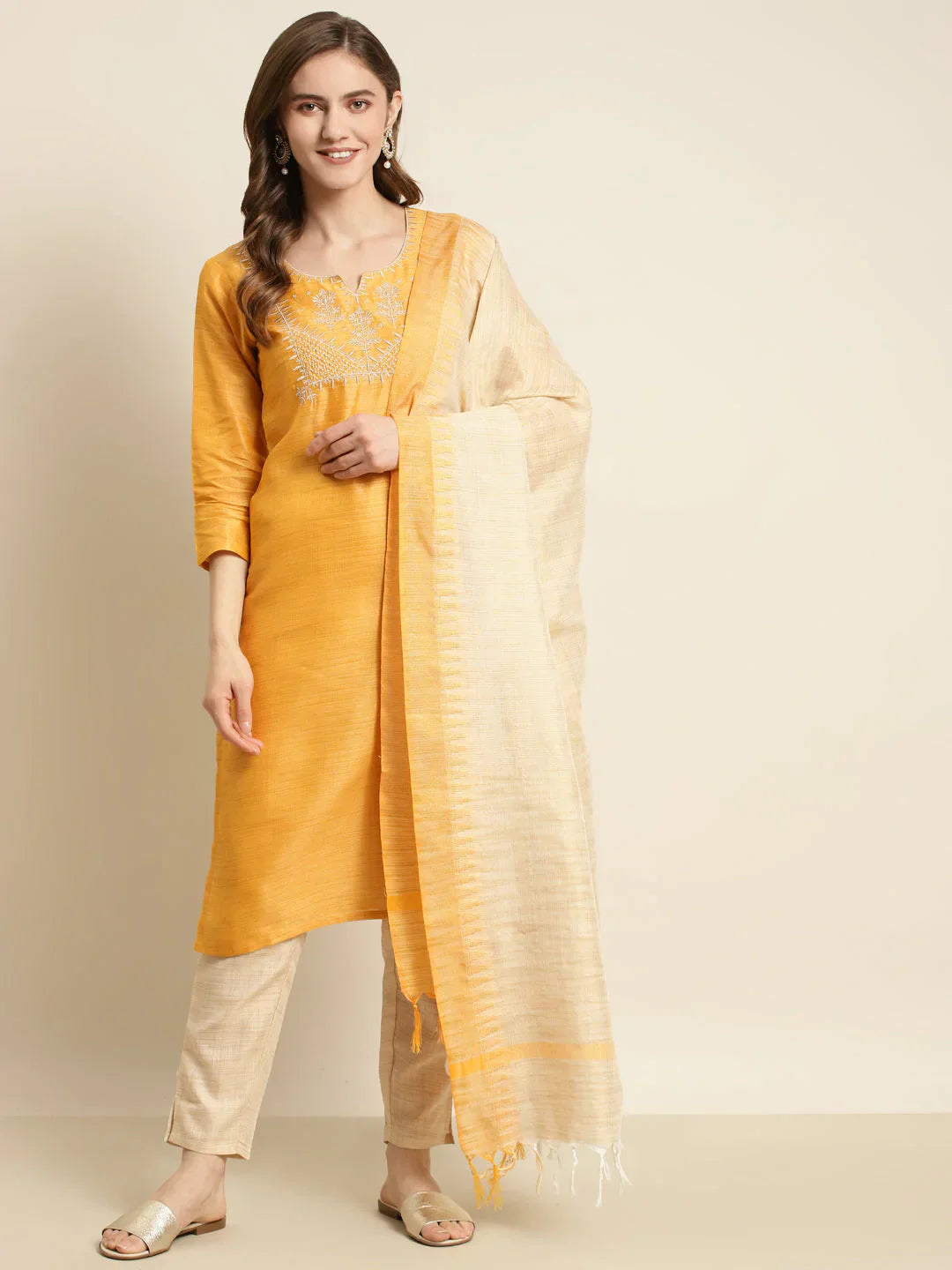 Jompers Women's Yoke Design Cotton Silk Kurta with Trousers & Dupatta - Yellow