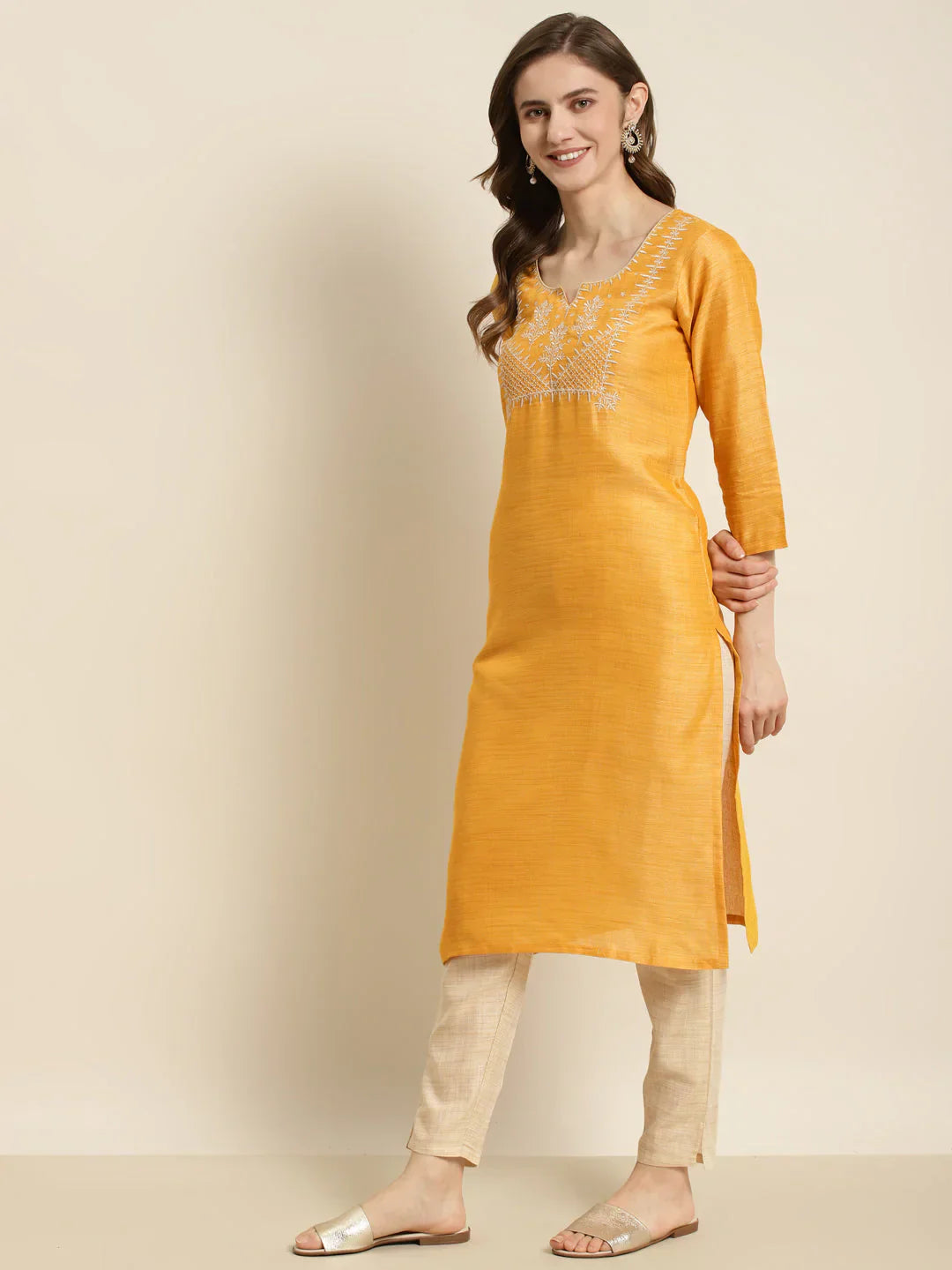 Jompers Women's Yoke Design Cotton Silk Kurta with Trousers & Dupatta - Yellow