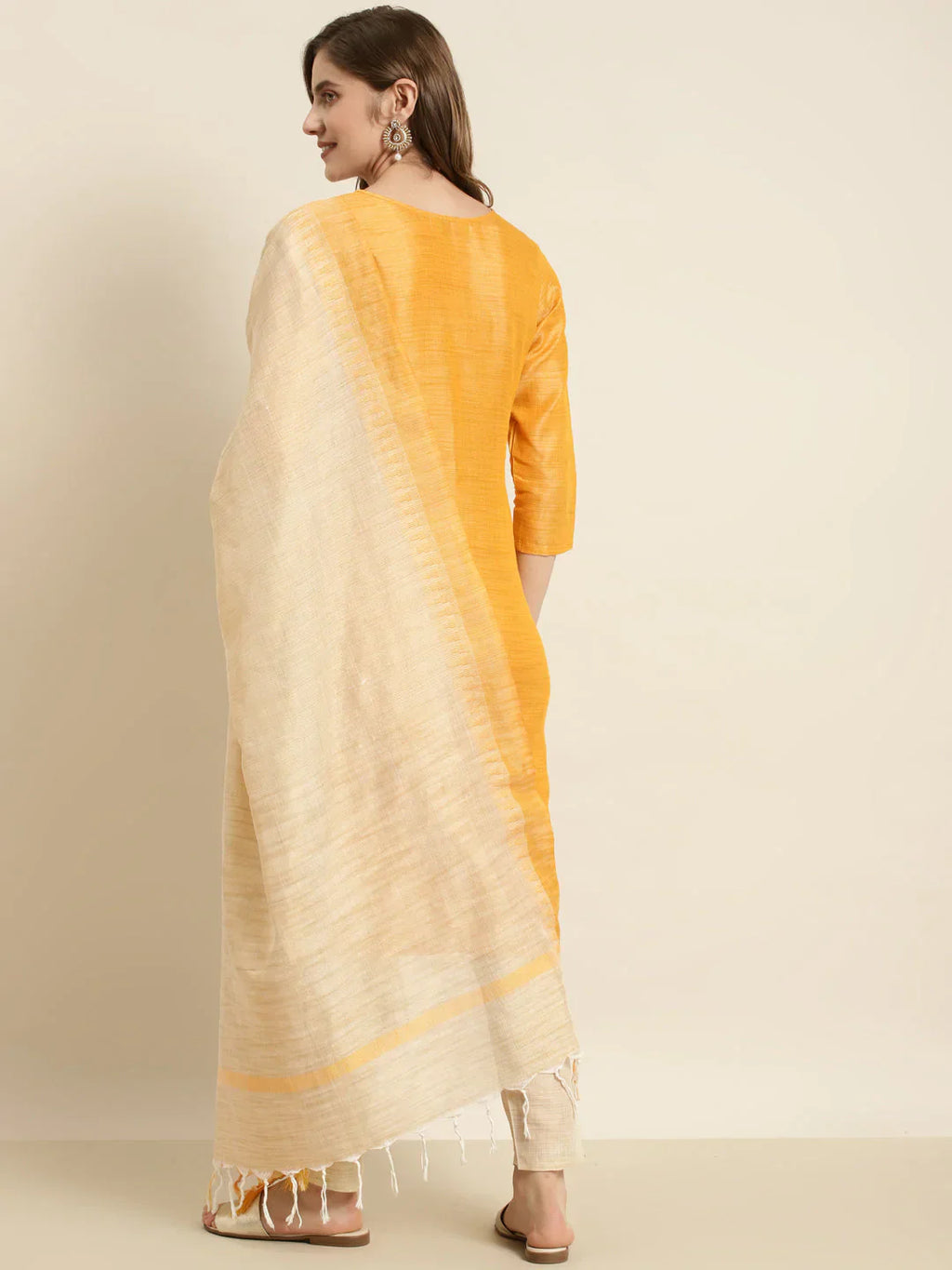 Jompers Women's Yoke Design Cotton Silk Kurta with Trousers & Dupatta - Yellow