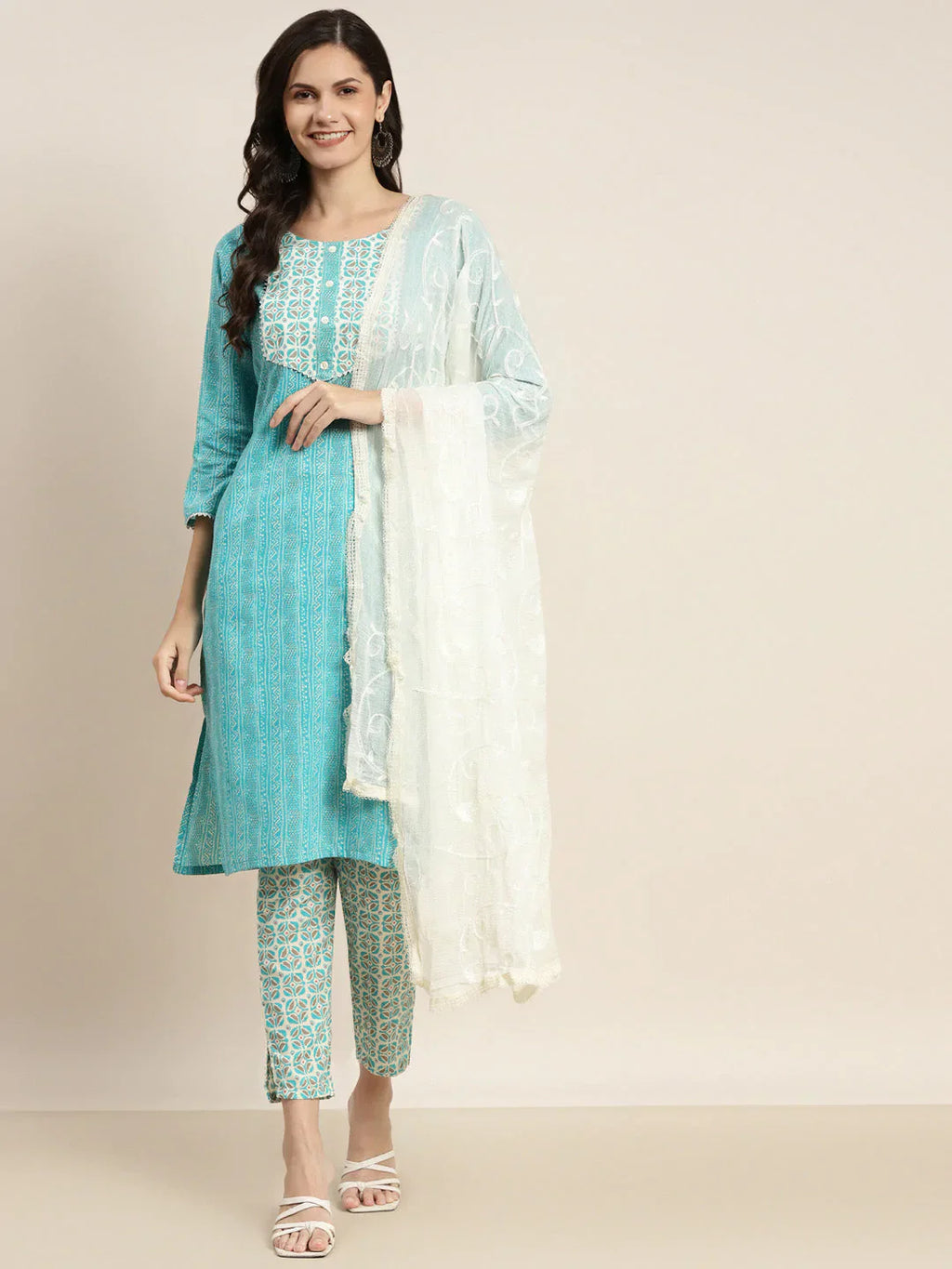 Jompers Women's Printed Gotta Patti Kurta with Trousers & Dupatta - Blue