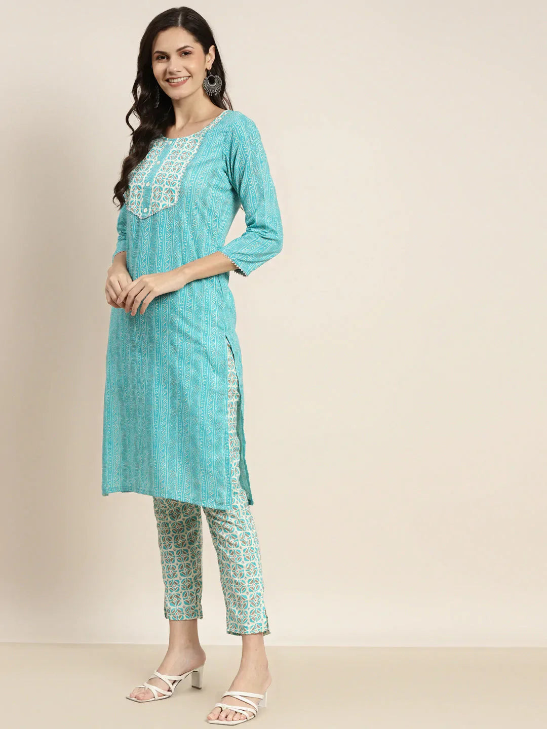 Jompers Women's Printed Gotta Patti Kurta with Trousers & Dupatta - Blue