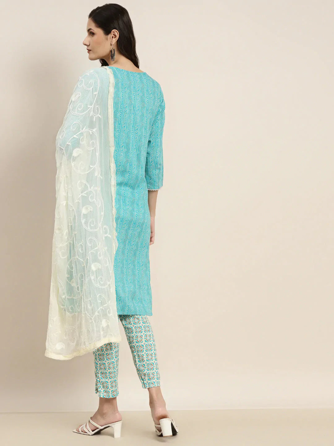 Jompers Women's Printed Gotta Patti Kurta with Trousers & Dupatta - Blue