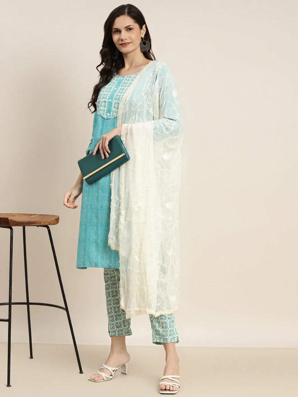 Jompers Women's Printed Gotta Patti Kurta with Trousers & Dupatta - Blue