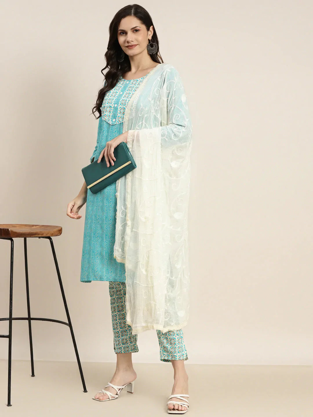 Jompers Women's Printed Gotta Patti Kurta with Trousers & Dupatta - Blue