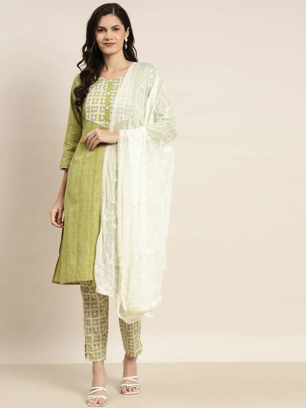 Jompers Women's Printed Gotta Patti Kurta with Trousers & Dupatta - Green