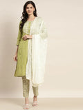 Jompers Women's Printed Gotta Patti Kurta with Trousers & Dupatta - Green