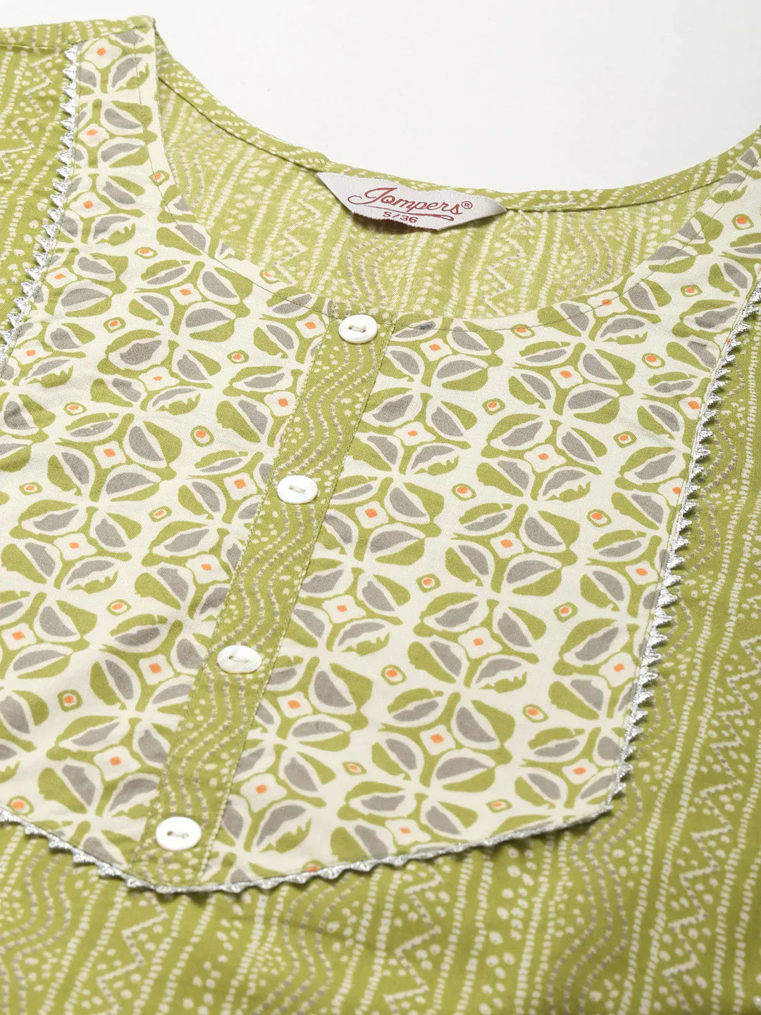Jompers Women's Printed Gotta Patti Kurta with Trousers & Dupatta - Green