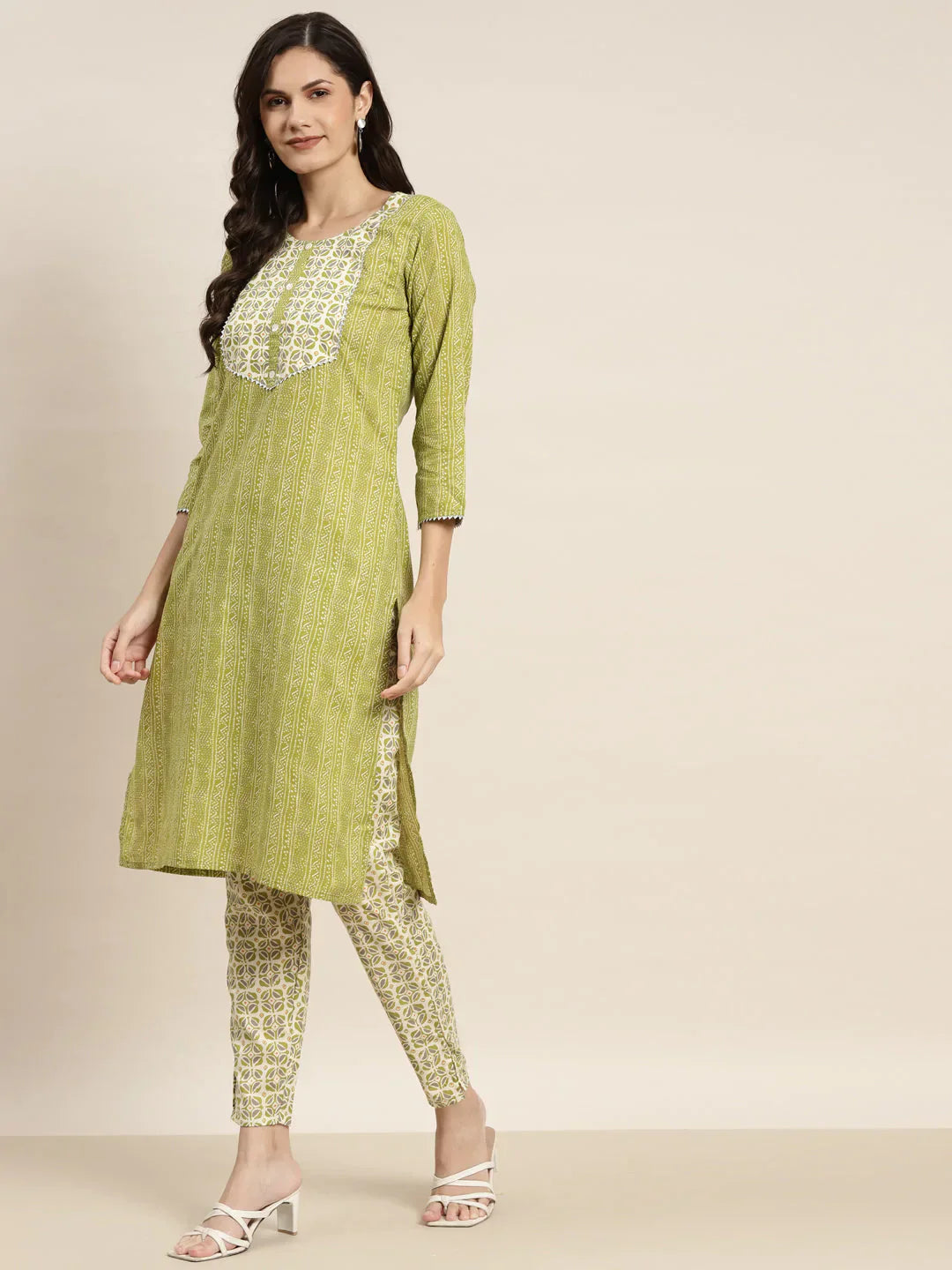 Jompers Women's Printed Gotta Patti Kurta with Trousers & Dupatta - Green