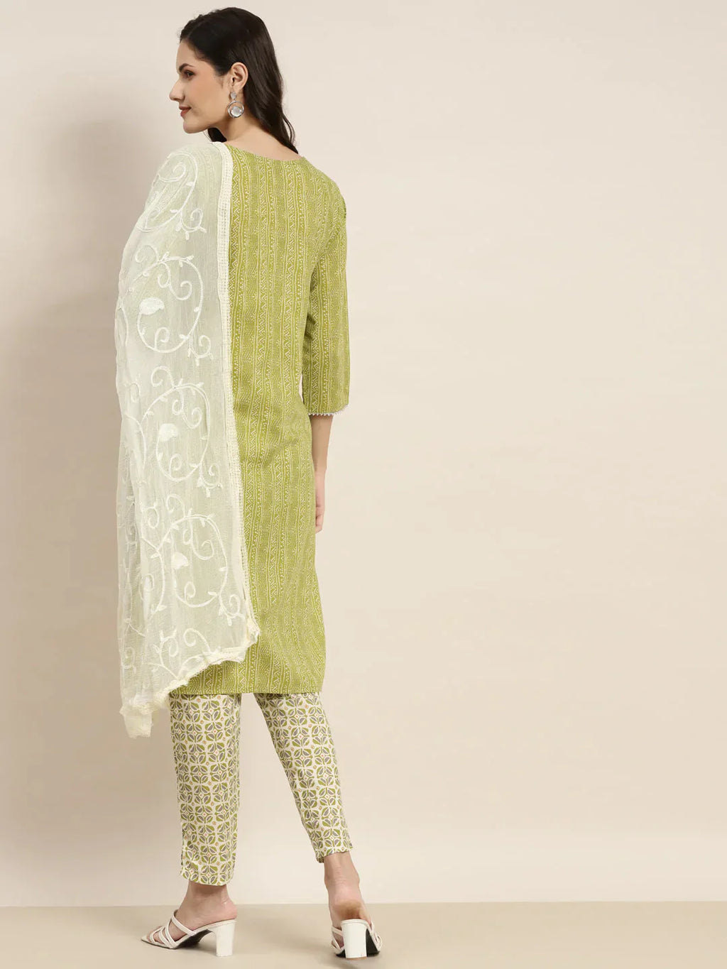 Jompers Women's Printed Gotta Patti Kurta with Trousers & Dupatta - Green