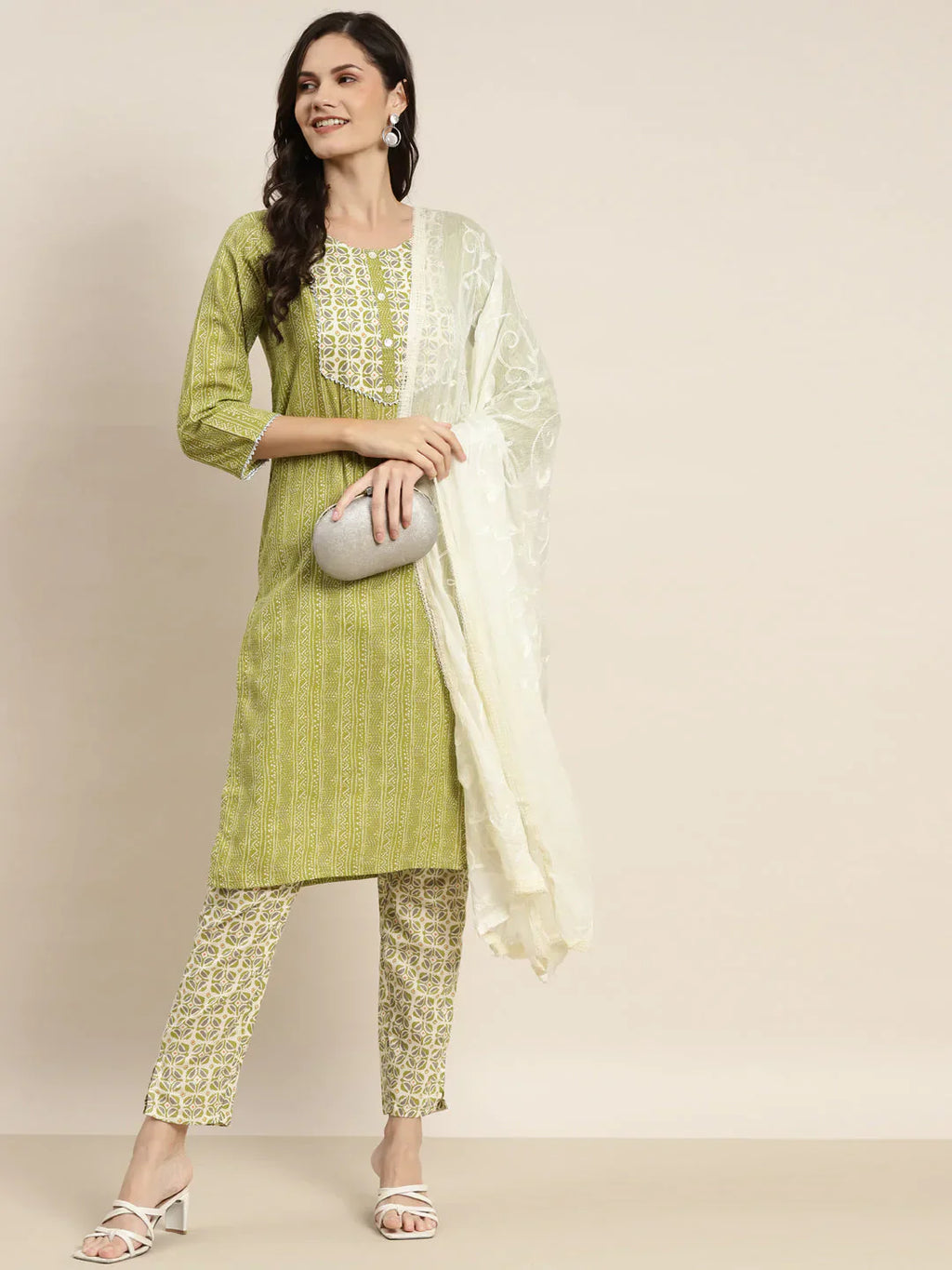 Jompers Women's Printed Gotta Patti Kurta with Trousers & Dupatta - Green