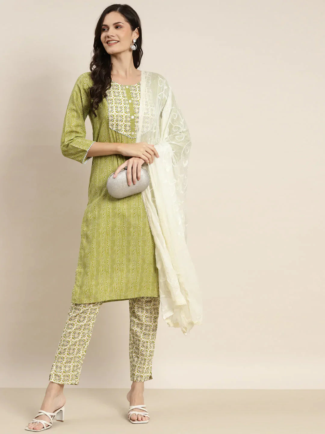 Jompers Women's Printed Gotta Patti Kurta with Trousers & Dupatta - Green