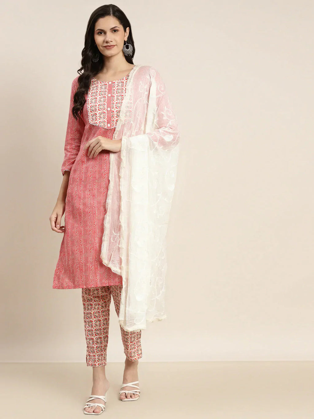Jompers Women's Printed Gotta Patti Kurta with Trousers & Dupatta - Red