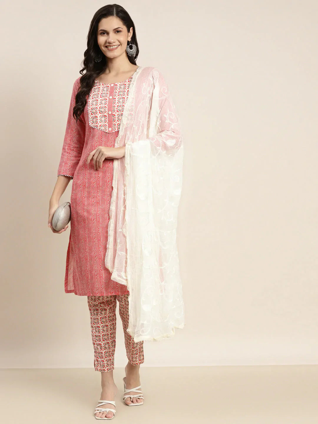 Jompers Women's Printed Gotta Patti Kurta with Trousers & Dupatta - Red