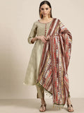 Jompers Women's Dupion Silk Jacquard Kurta with Trousers & Dupatta - Beige
