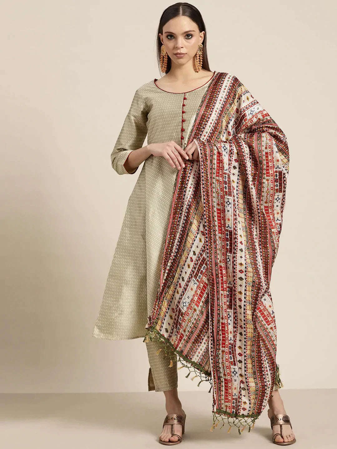 Jompers Women's Dupion Silk Jacquard Kurta with Trousers & Dupatta - Beige
