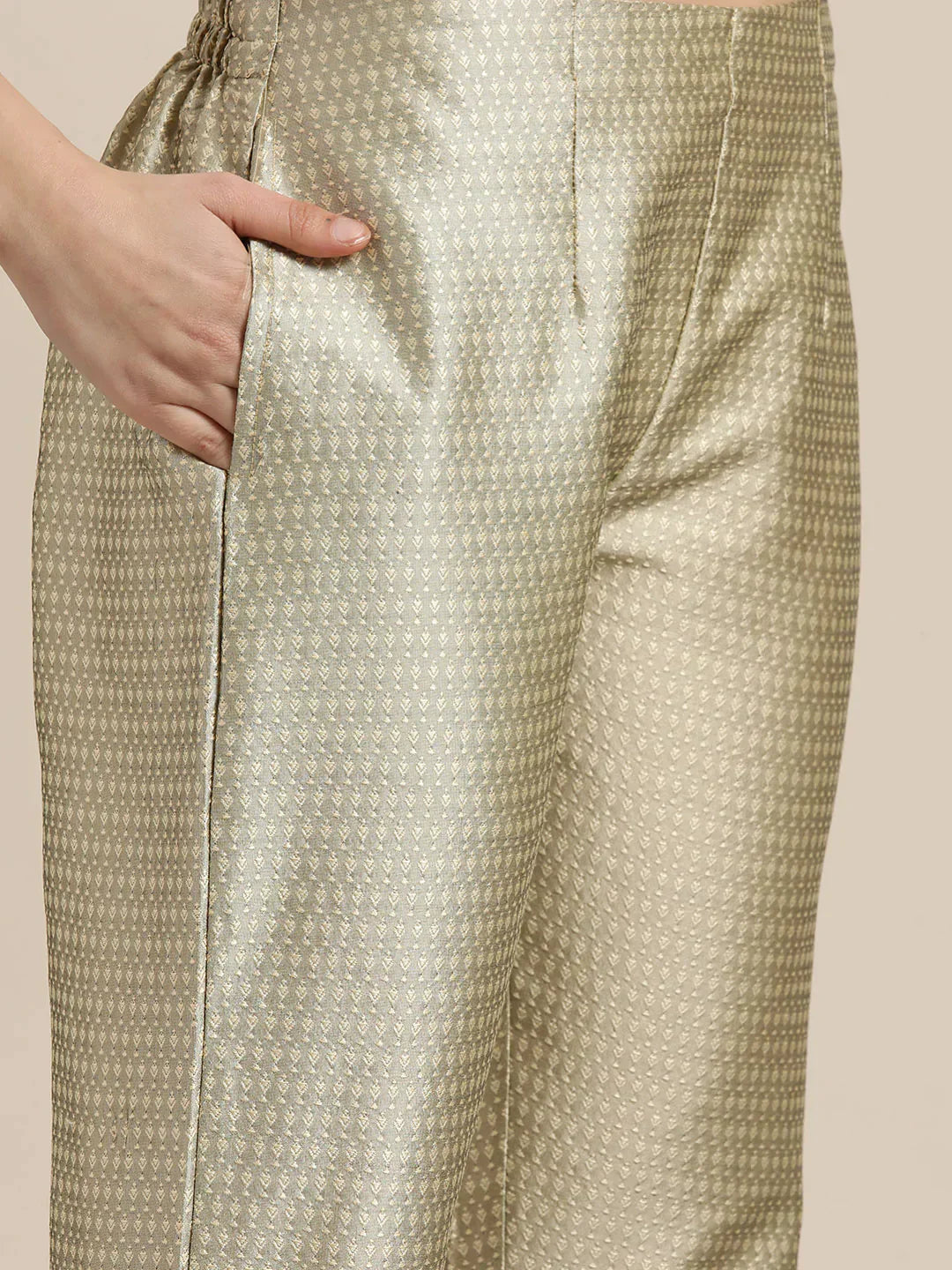 Jompers Women's Dupion Silk Jacquard Kurta with Trousers & Dupatta - Beige