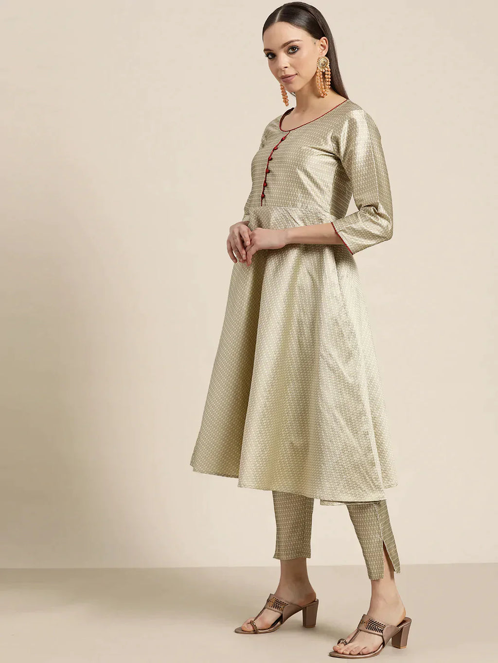 Jompers Women's Dupion Silk Jacquard Kurta with Trousers & Dupatta - Beige