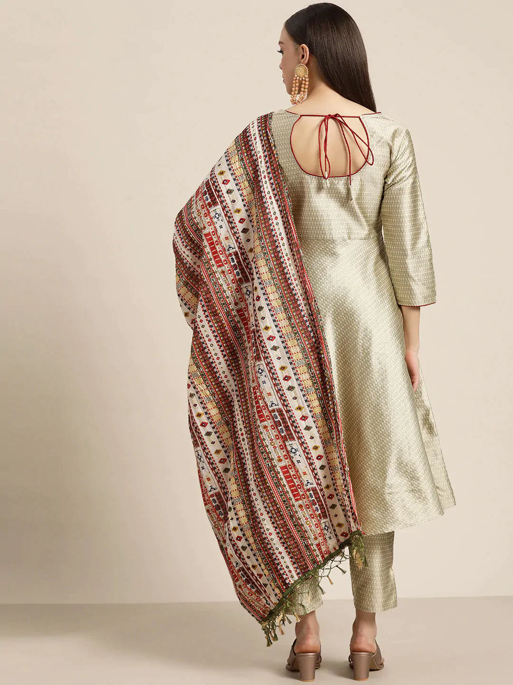 Jompers Women's Dupion Silk Jacquard Kurta with Trousers & Dupatta - Beige