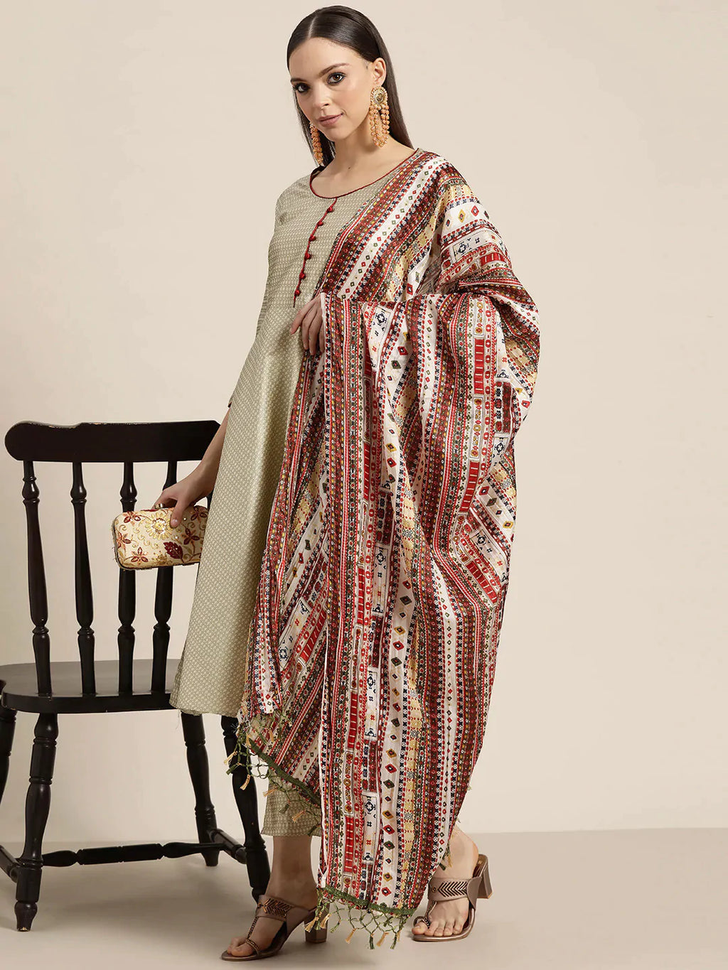 Jompers Women's Dupion Silk Jacquard Kurta with Trousers & Dupatta - Beige