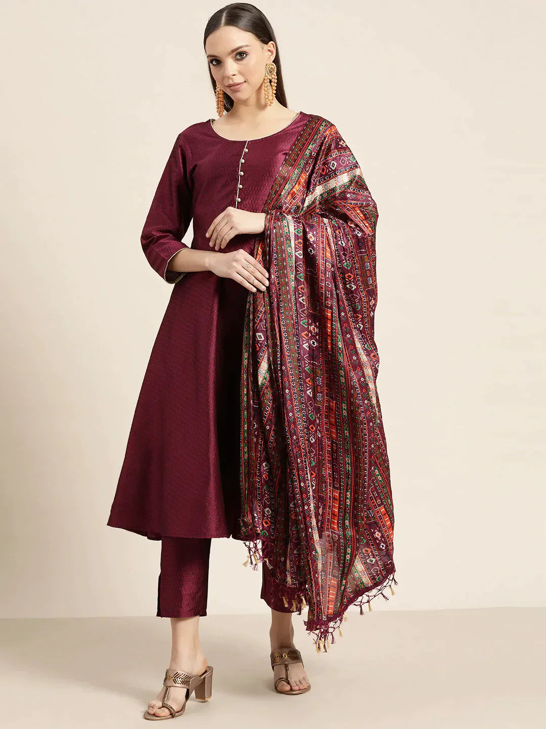 Jompers Women's Dupion Silk Jacquard Kurta with Trousers & Dupatta - Purple