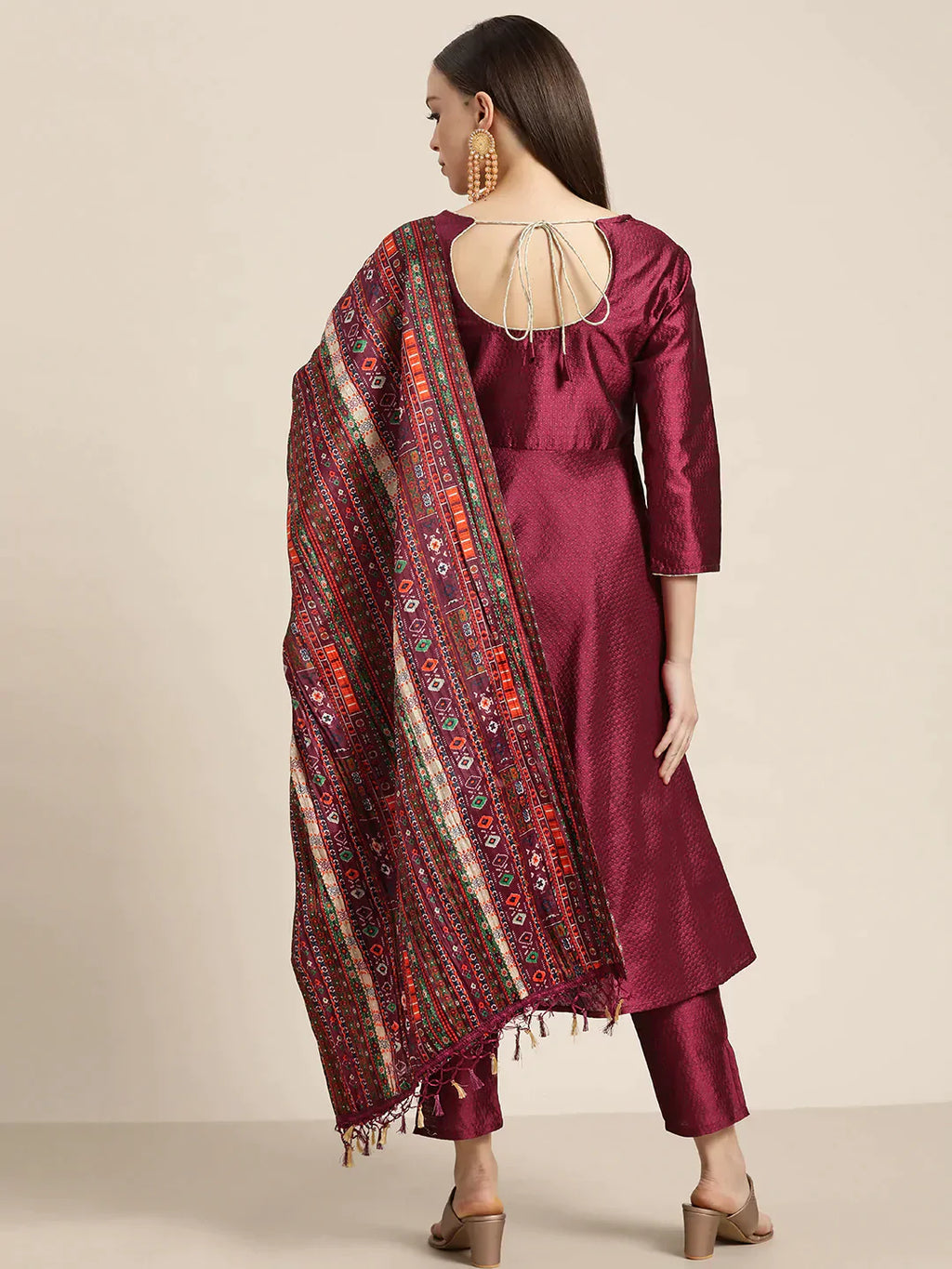Jompers Women's Dupion Silk Jacquard Kurta with Trousers & Dupatta - Purple