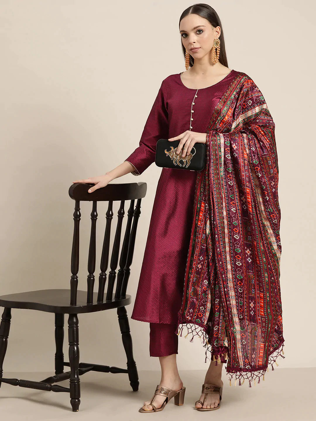 Jompers Women's Dupion Silk Jacquard Kurta with Trousers & Dupatta - Purple