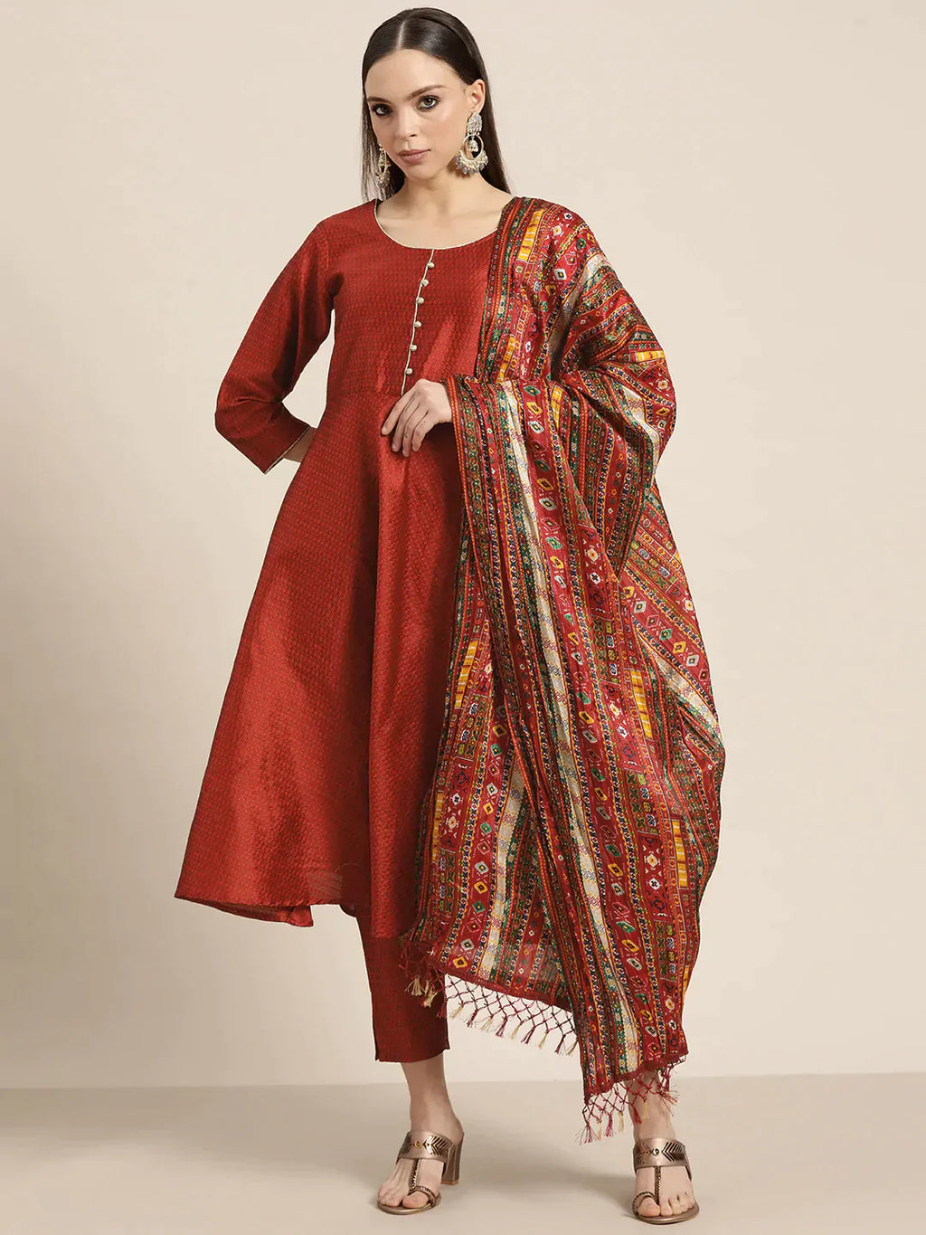 Jompers Women's Dupion Silk Jacquard Kurta with Trousers & Dupatta - Maroon