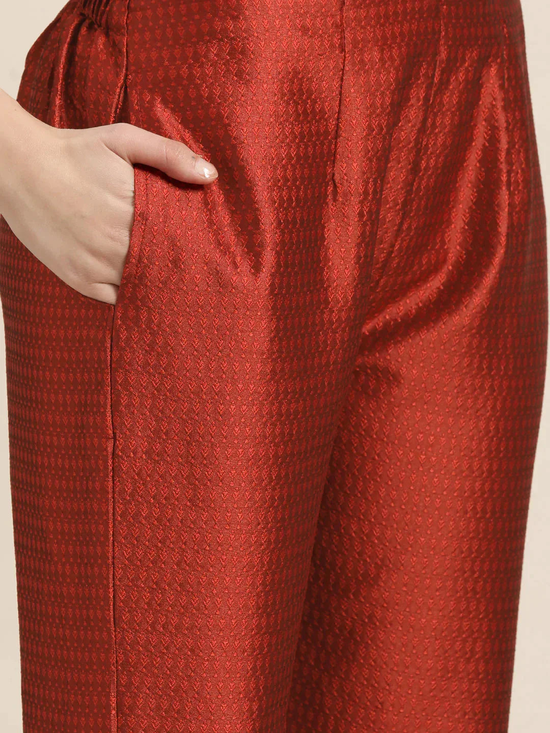Jompers Women's Dupion Silk Jacquard Kurta with Trousers & Dupatta - Maroon