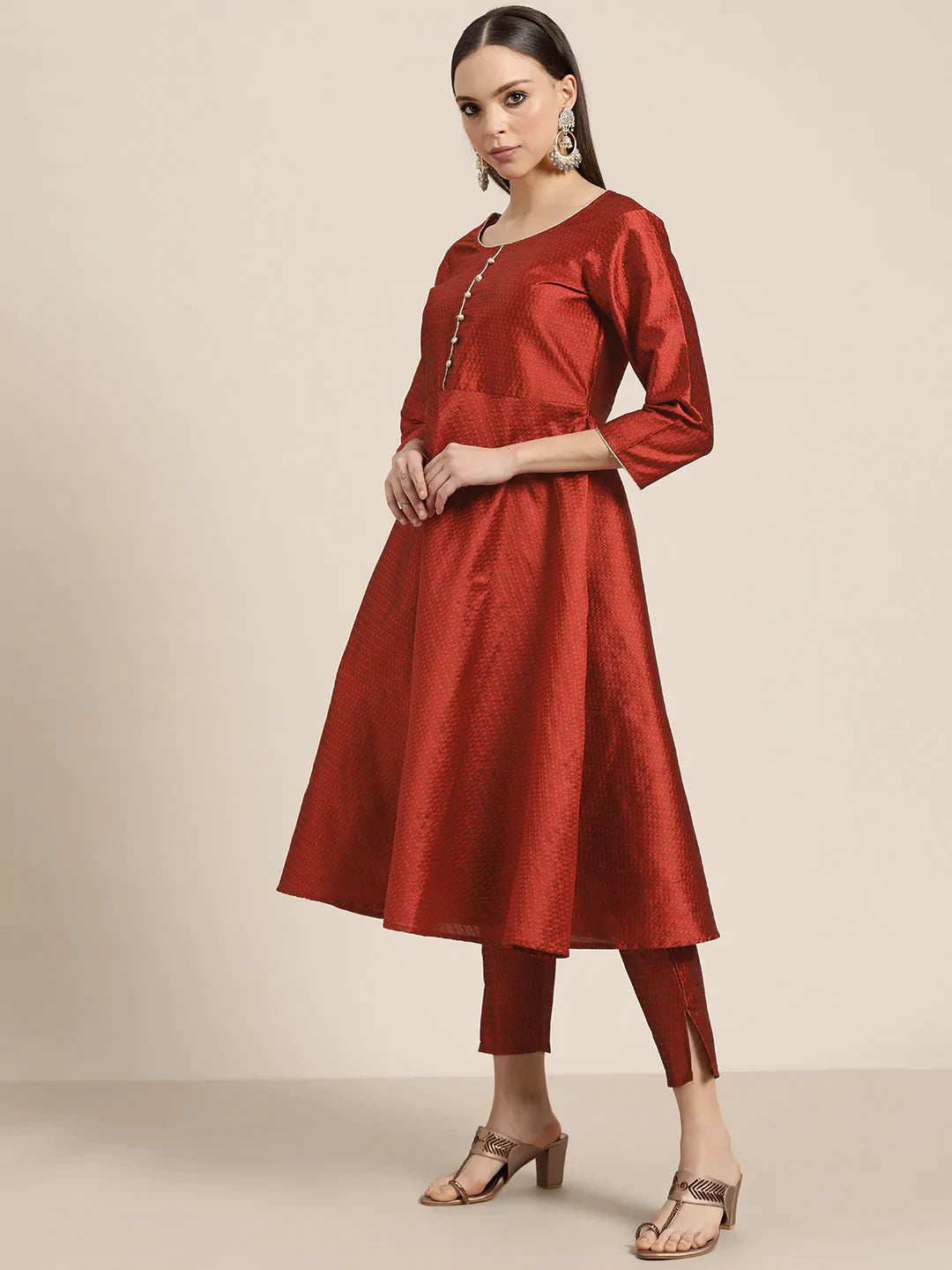 Jompers Women's Dupion Silk Jacquard Kurta with Trousers & Dupatta - Maroon