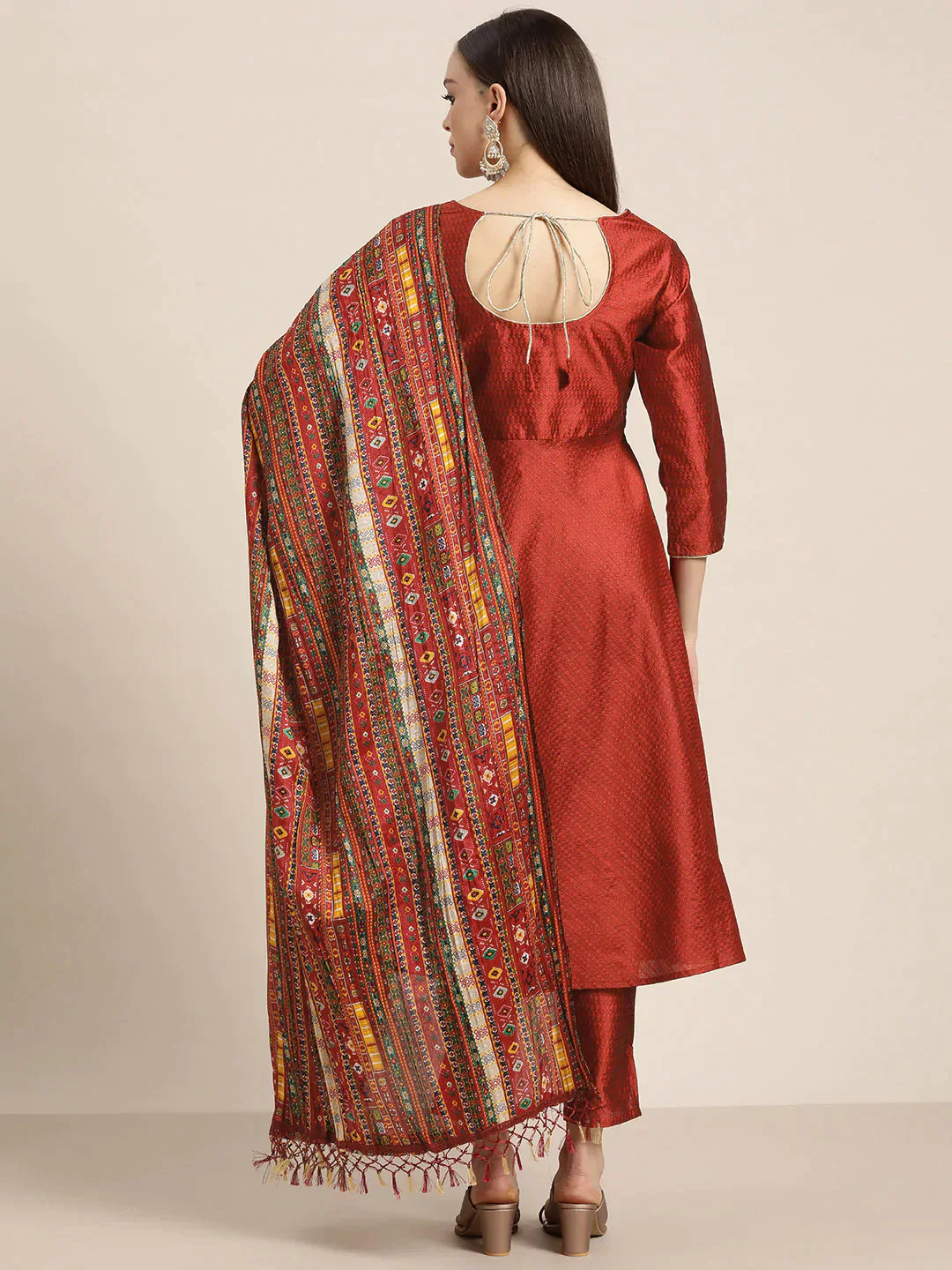 Jompers Women's Dupion Silk Jacquard Kurta with Trousers & Dupatta - Maroon