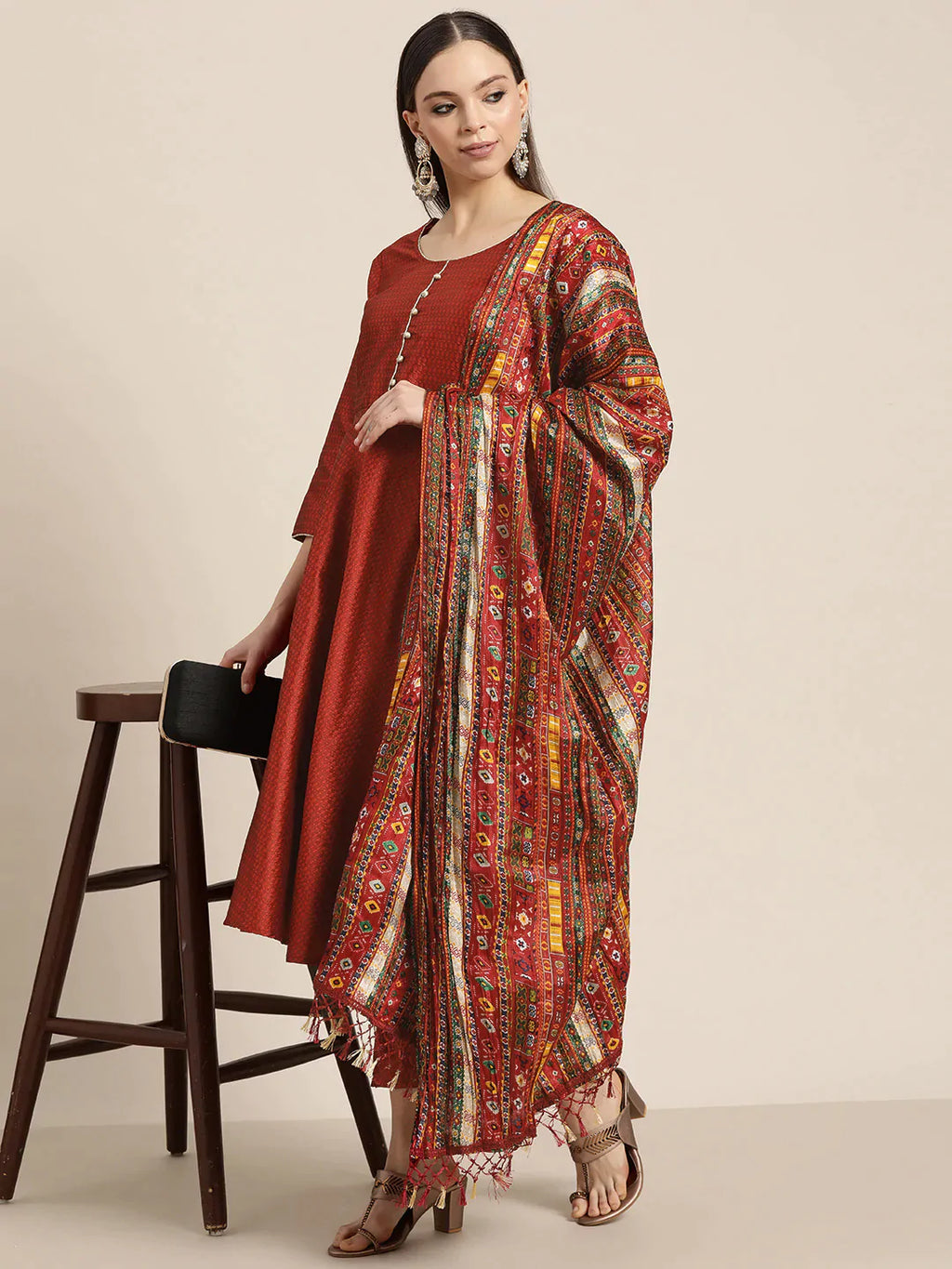 Jompers Women's Dupion Silk Jacquard Kurta with Trousers & Dupatta - Maroon