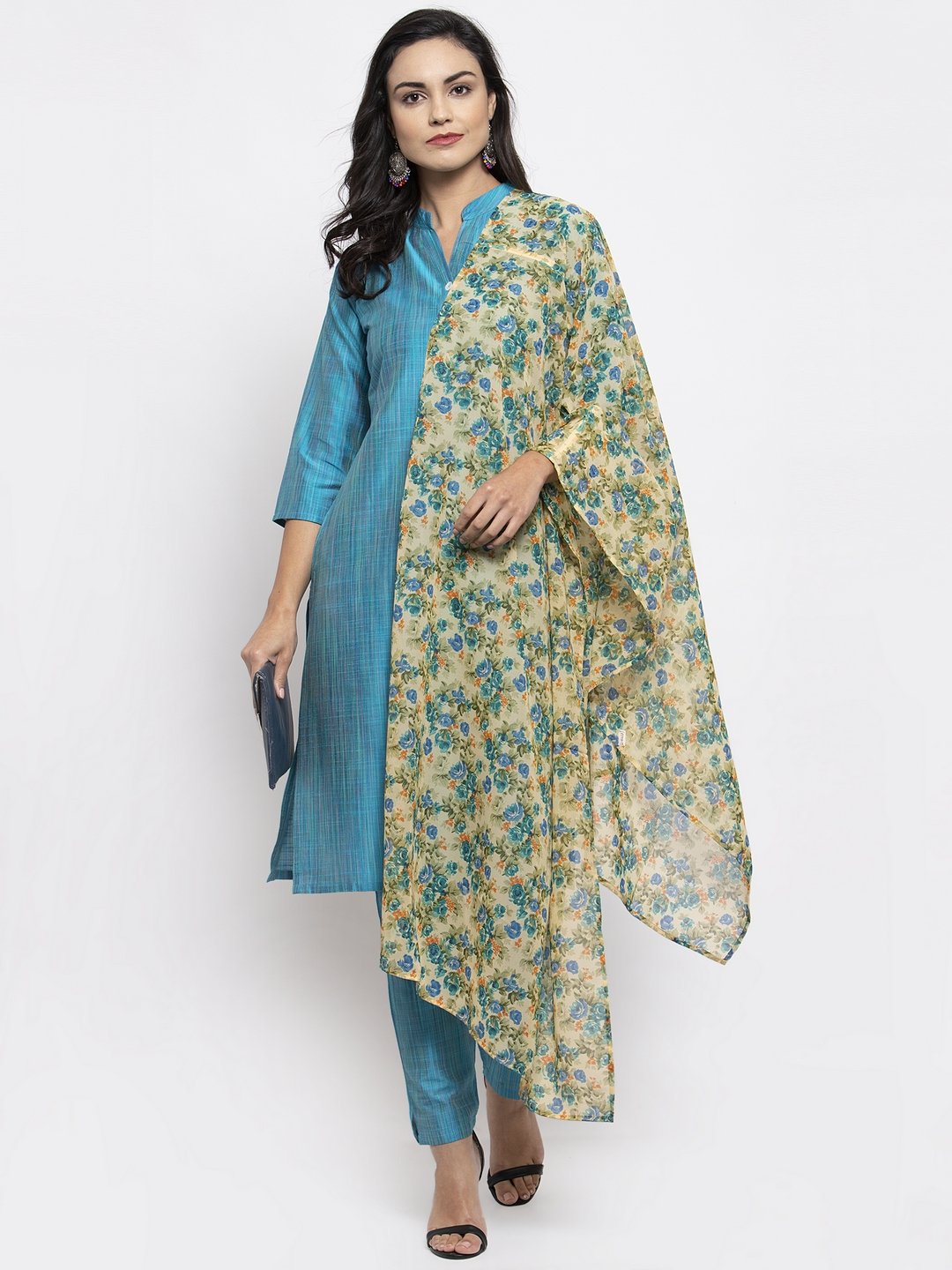 Jompers Women Blue & Green Self-Striped Kurta with Trousers & Floral Georgette Dupatta