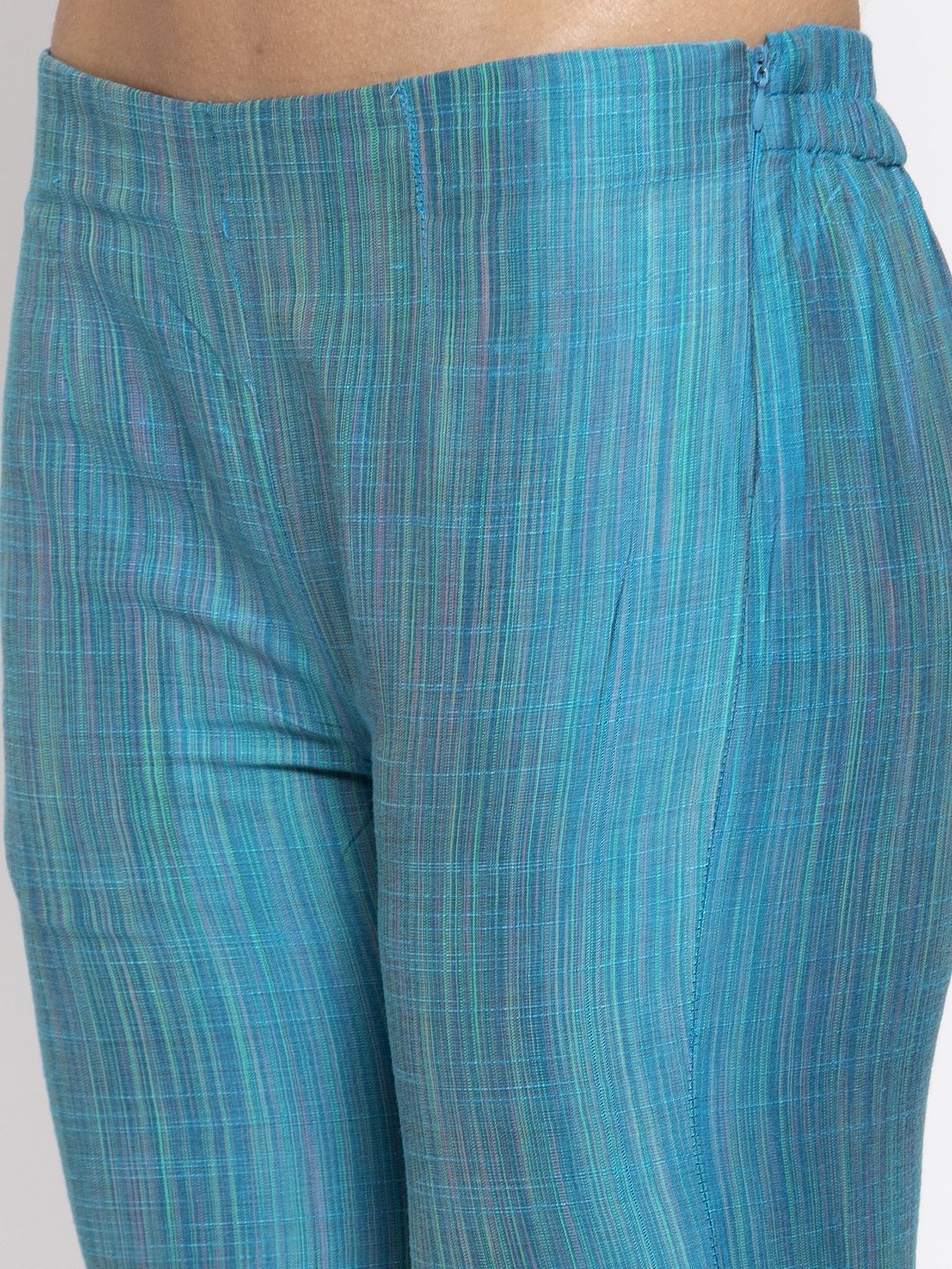 Jompers Women Blue & Green Self-Striped Kurta with Trousers & Floral Georgette Dupatta