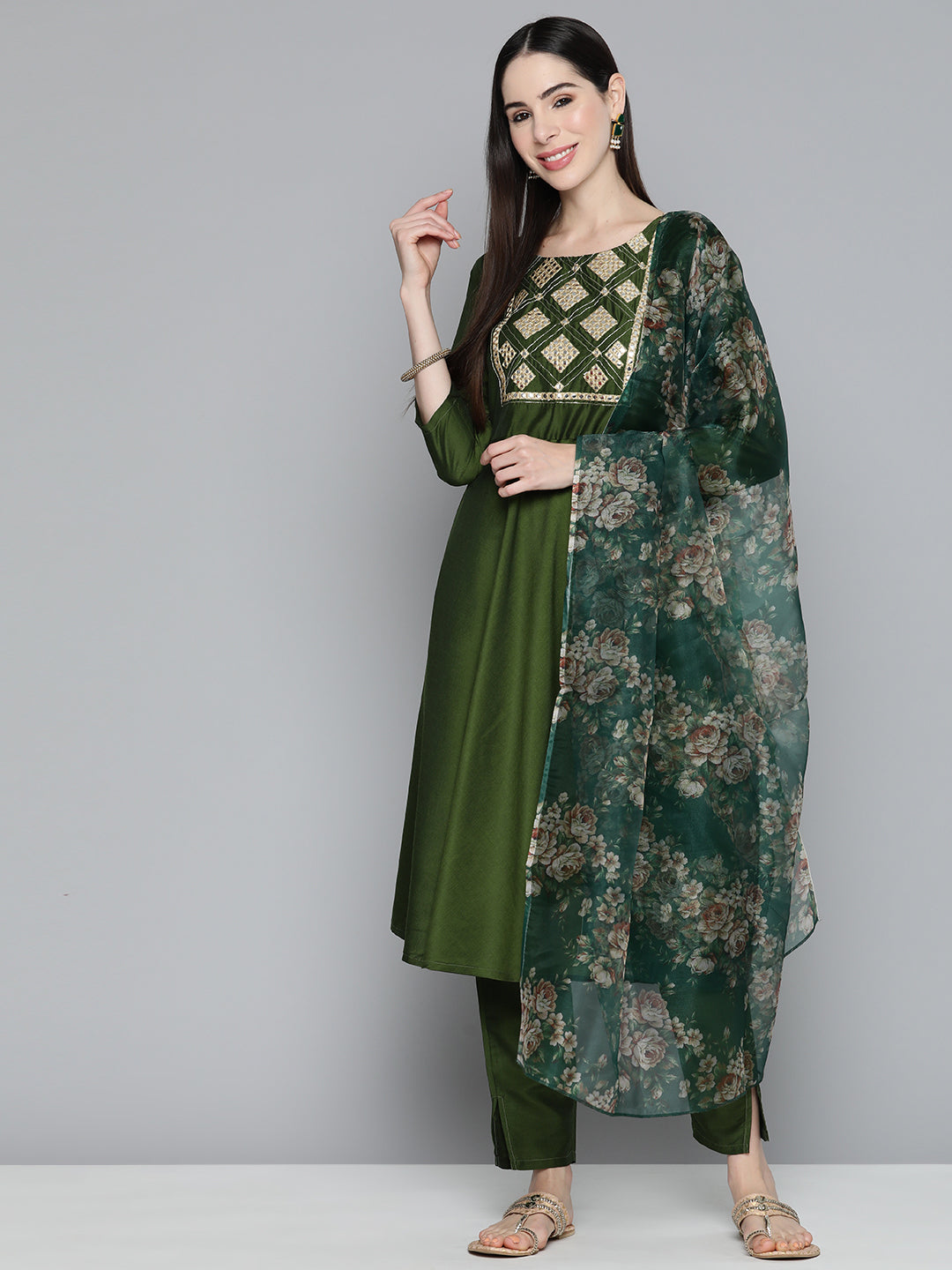 Jompers Women's Olive Green Floral Embroidered Mirror Work Kurta with Trousers & With Dupatta