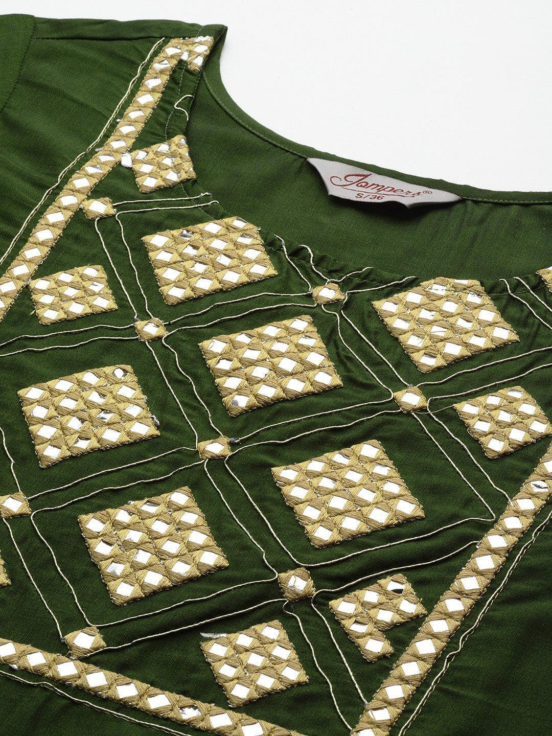 Jompers Women's Olive Green Floral Embroidered Mirror Work Kurta with Trousers & With Dupatta