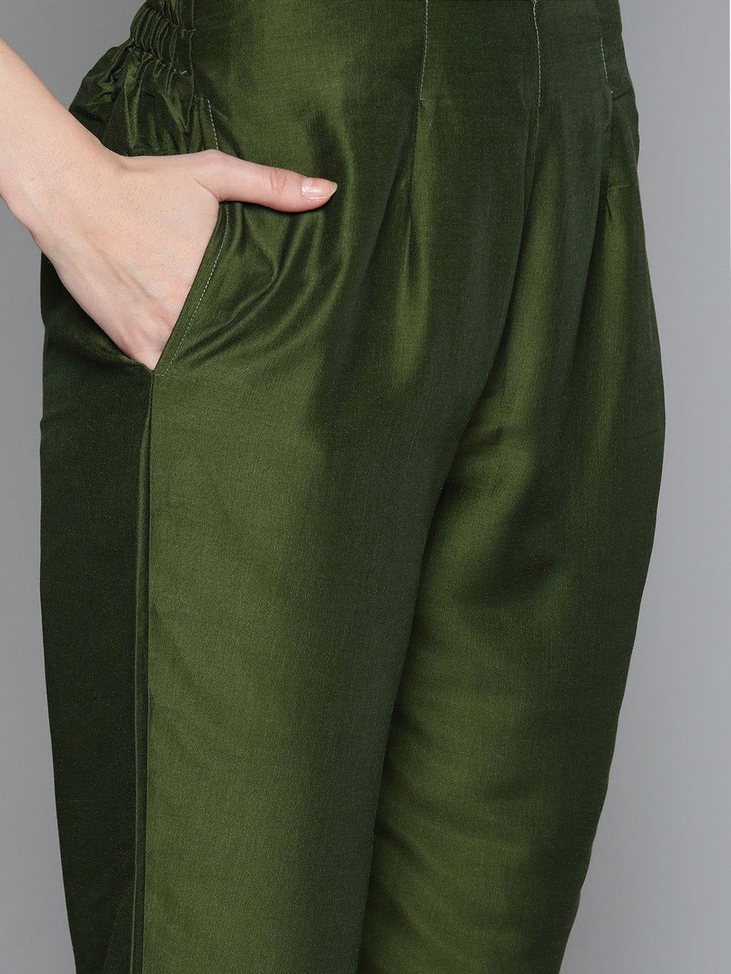 Jompers Women's Olive Green Floral Embroidered Mirror Work Kurta with Trousers & With Dupatta