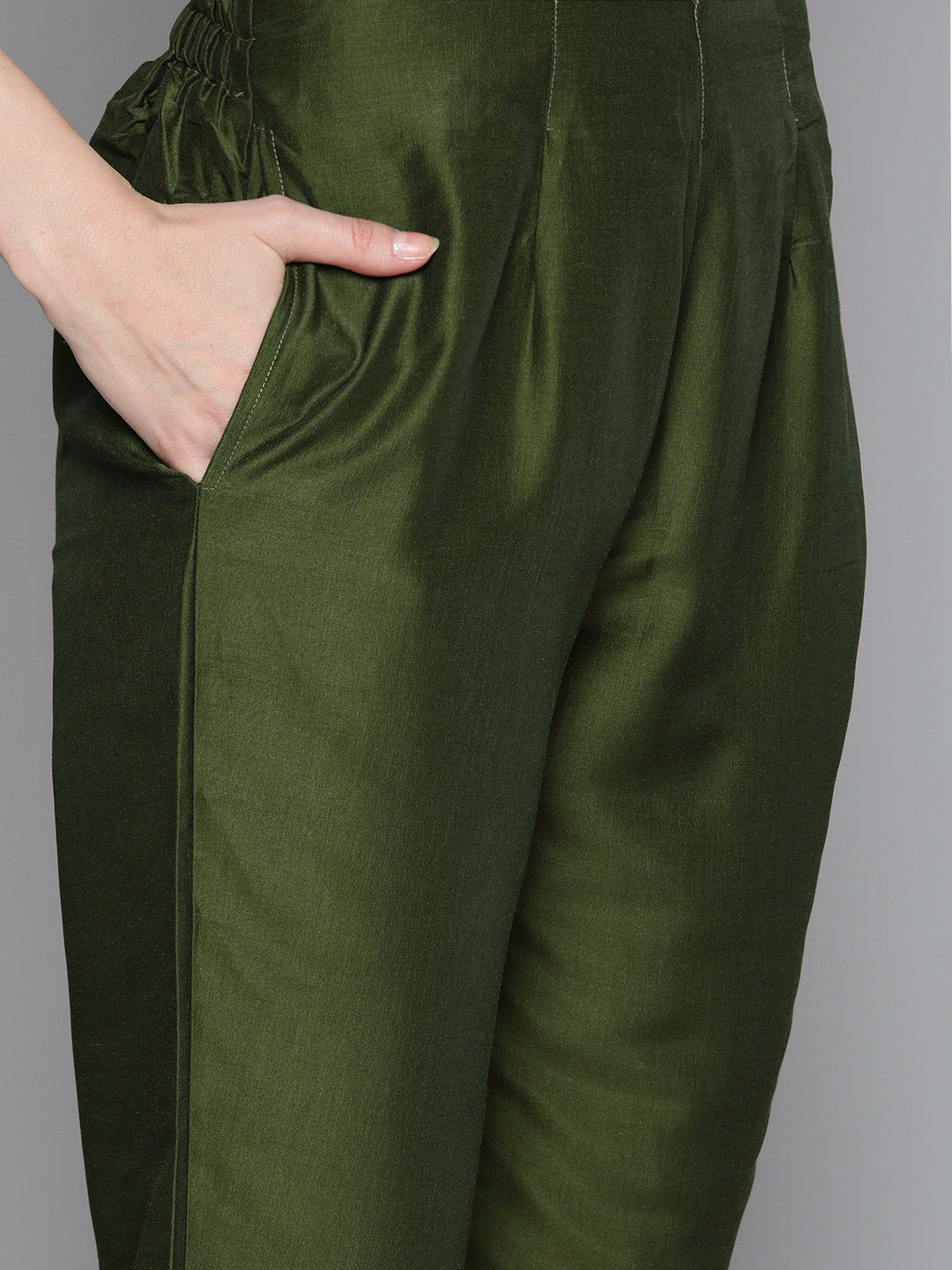 Jompers Women's Olive Green Floral Embroidered Mirror Work Kurta with Trousers & With Dupatta