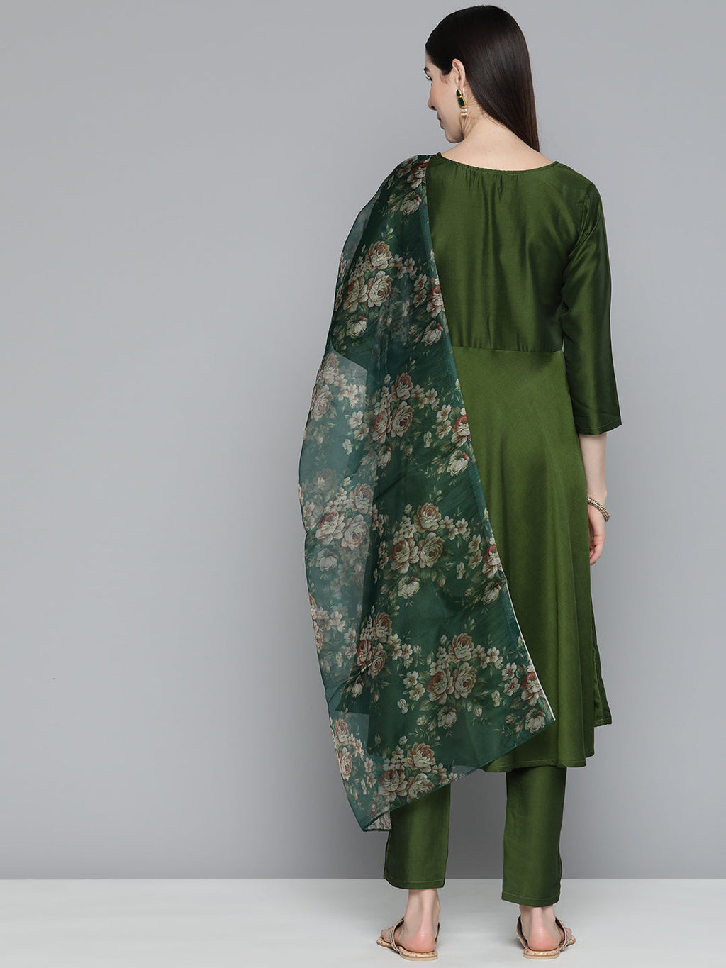 Jompers Women's Olive Green Floral Embroidered Mirror Work Kurta with Trousers & With Dupatta
