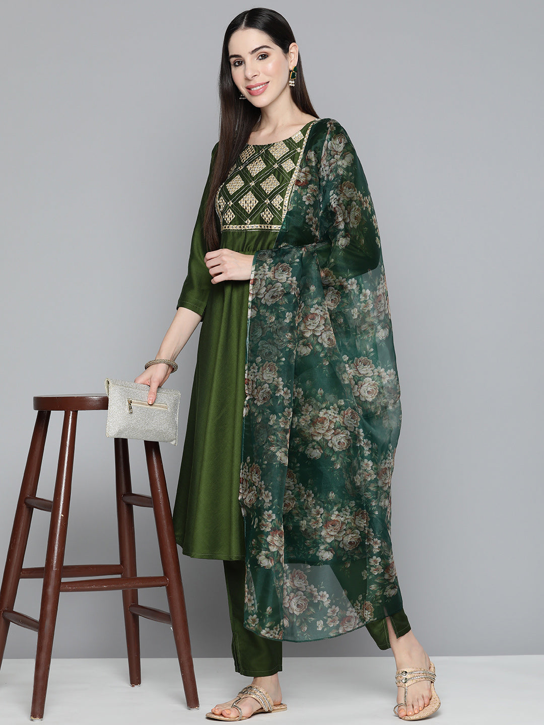 Jompers Women's Olive Green Floral Embroidered Mirror Work Kurta with Trousers & With Dupatta