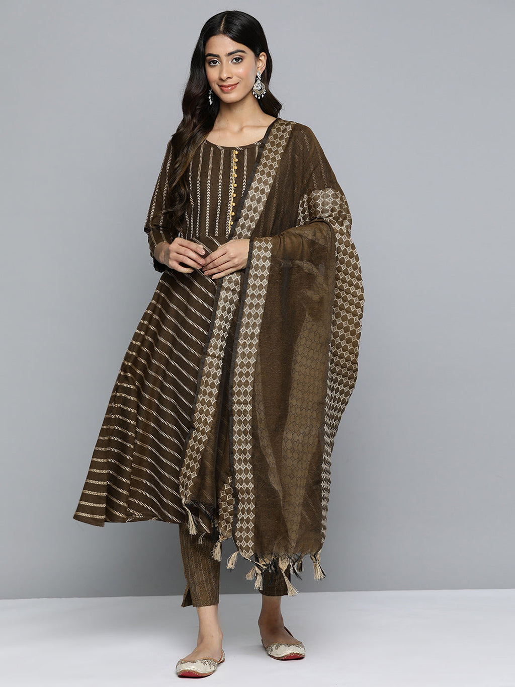 Jompers Women's Brown Embroidered Regular Kurta with Trousers & With Dupatta