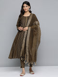 Jompers Women's Brown Embroidered Regular Kurta with Trousers & With Dupatta