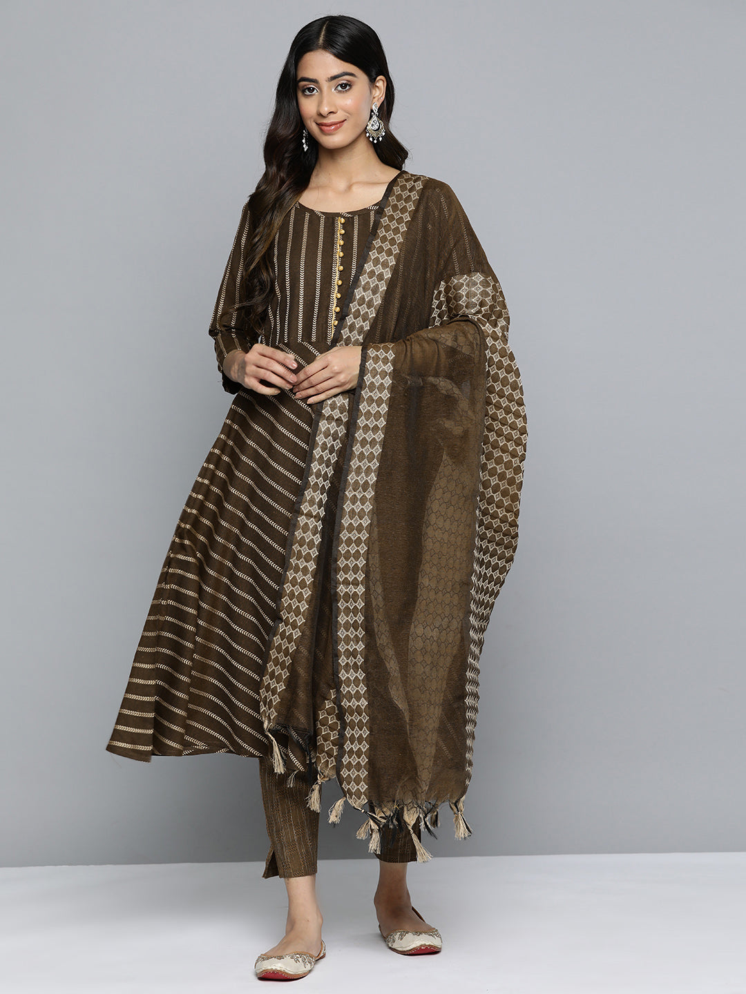 Jompers Women's Brown Embroidered Regular Kurta with Trousers & With Dupatta
