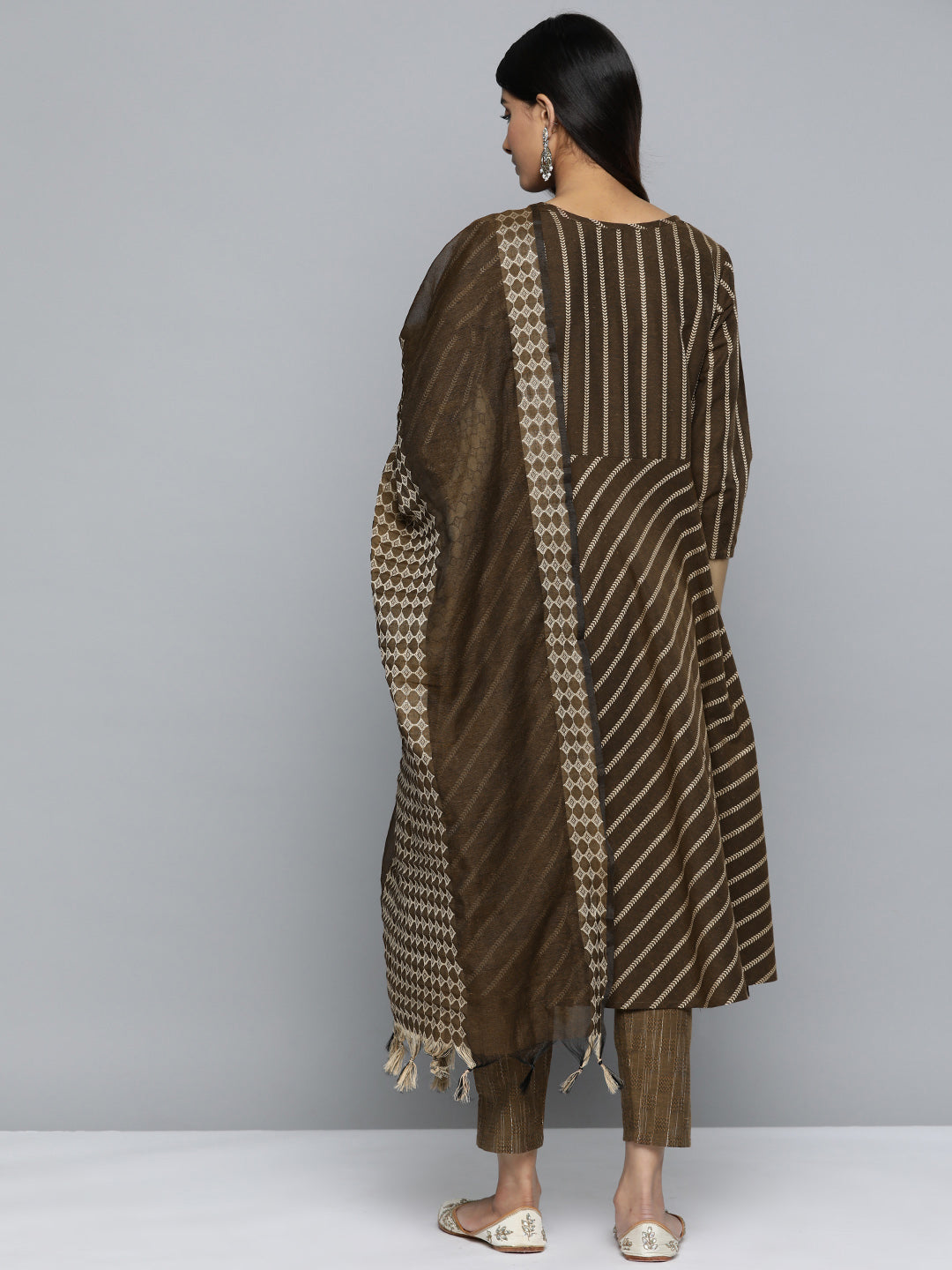 Jompers Women's Brown Embroidered Regular Kurta with Trousers & With Dupatta