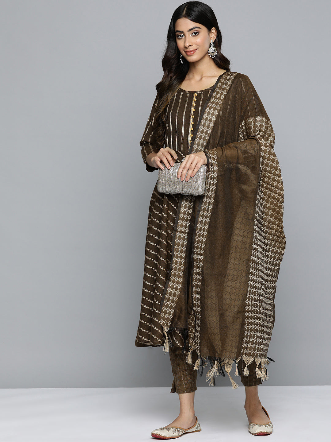 Jompers Women's Brown Embroidered Regular Kurta with Trousers & With Dupatta