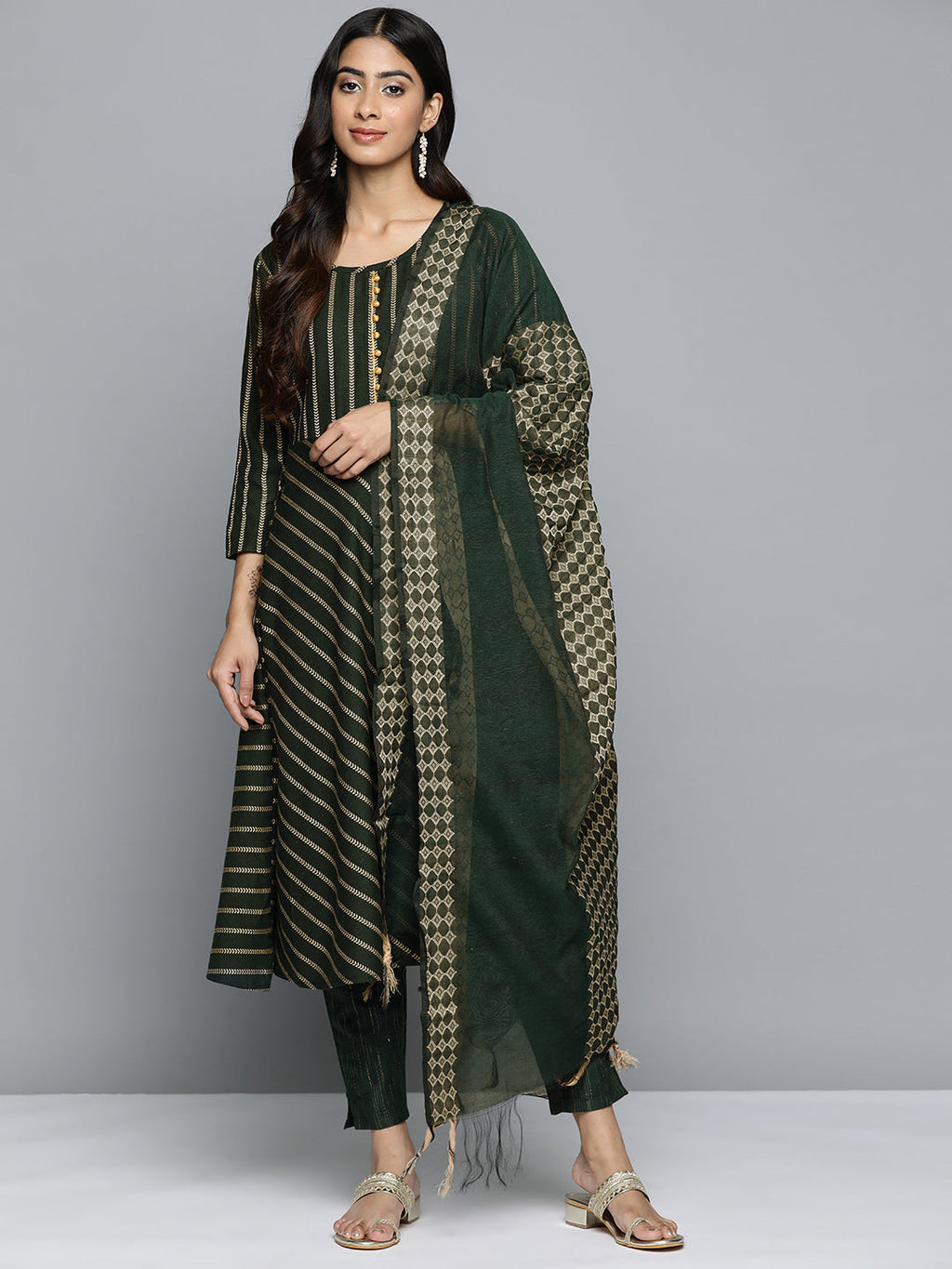 Jompers Women's Olive Green Embroidered Regular Kurta with Trousers & With Dupatta