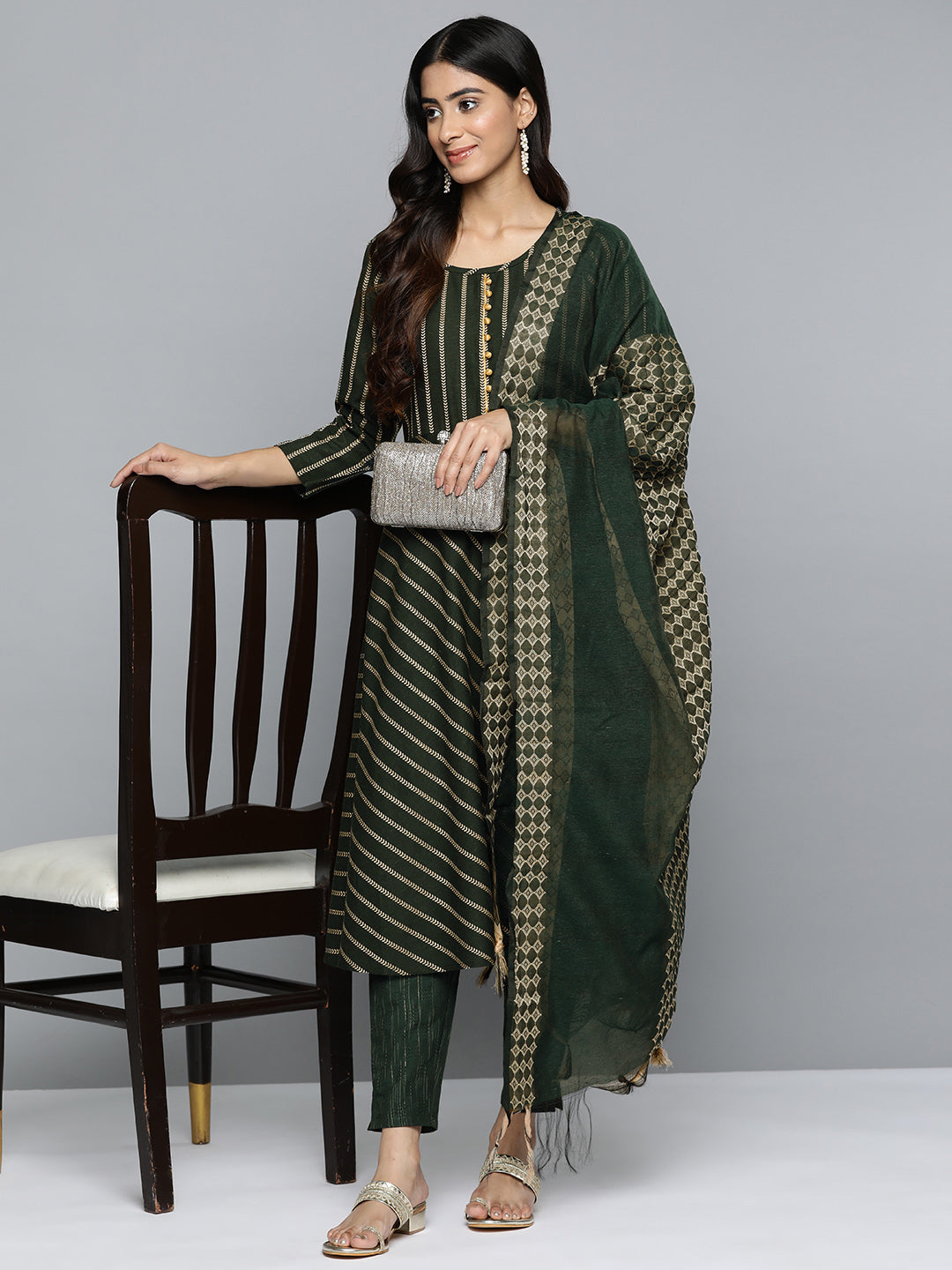Jompers Women's Olive Green Embroidered Regular Kurta with Trousers & With Dupatta