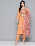 Jompers Women's Embroidered Thread Work Kurta & Trousers With Dupatta - Orange