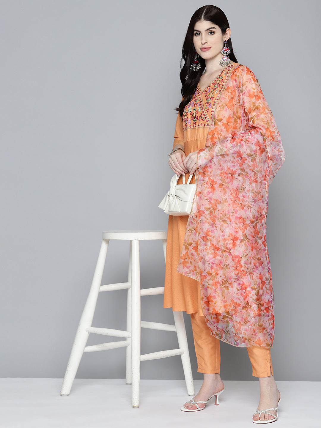 Jompers Women's Embroidered Thread Work Kurta & Trousers With Dupatta - Orange