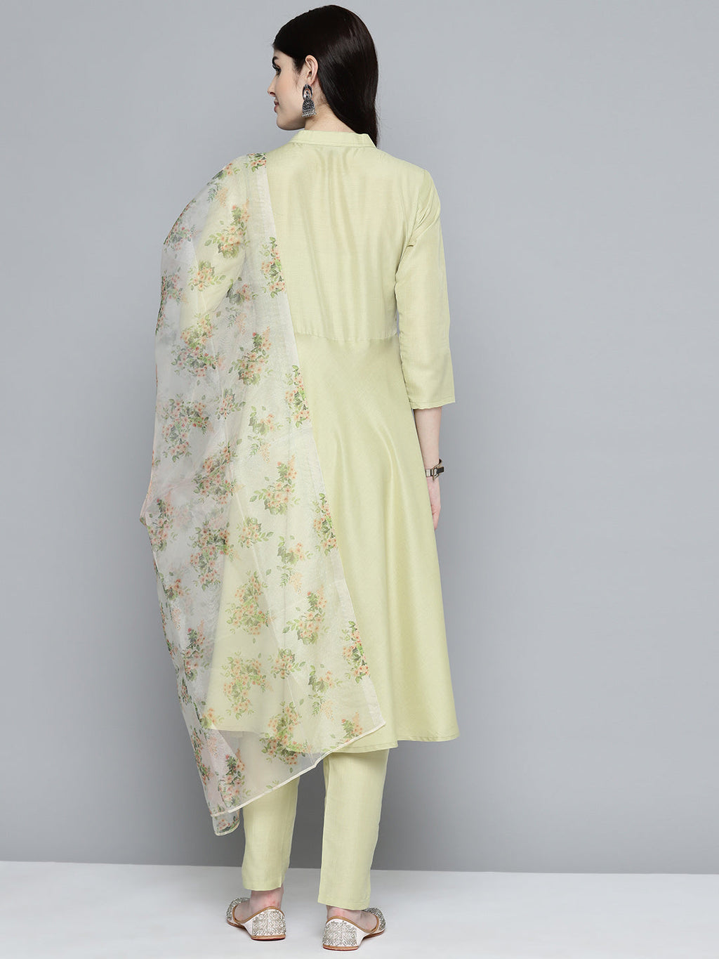 Jompers Women's Embroidered Thread Work Kurta & Trousers With Dupatta - Lime